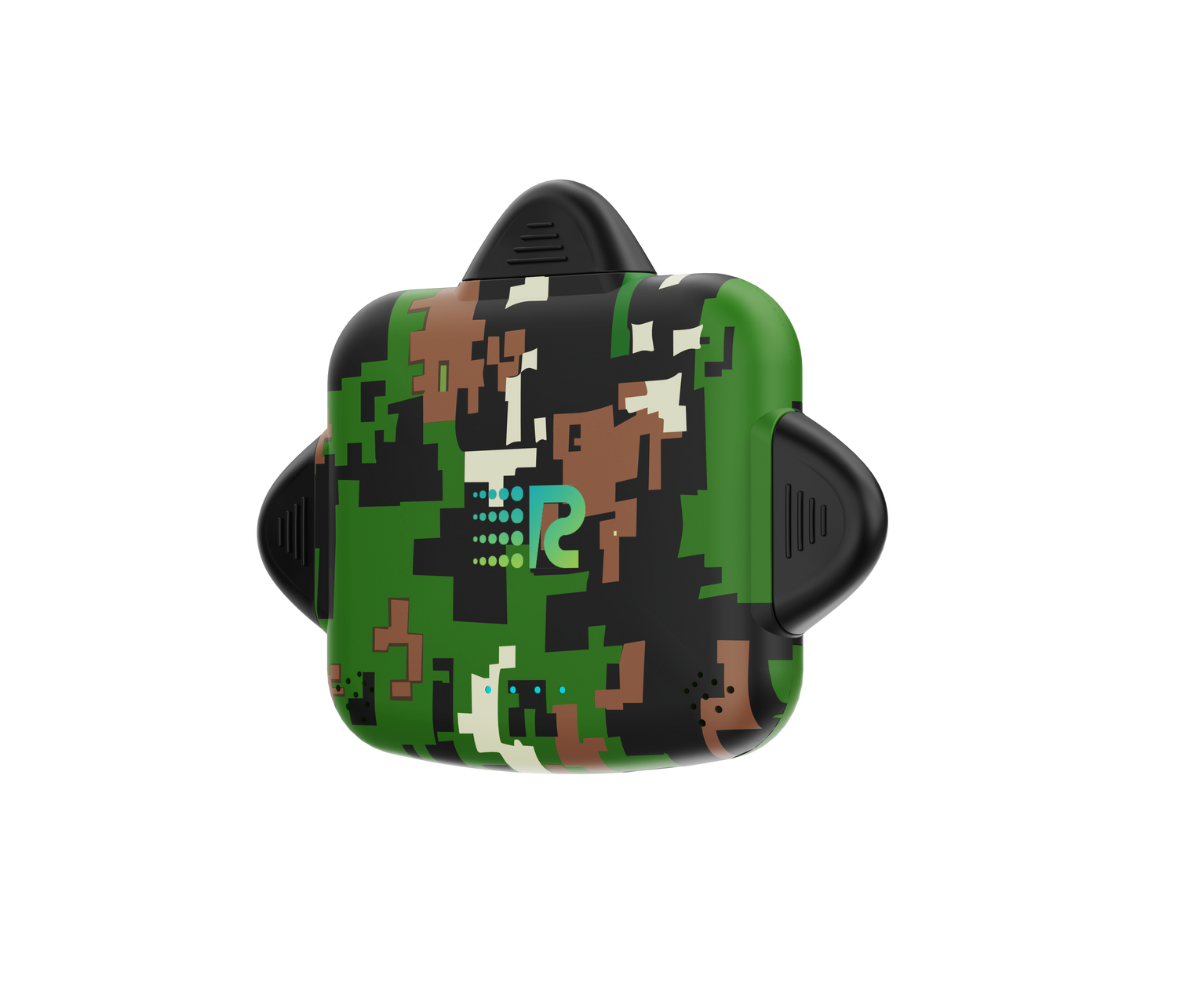 Pixelated green and black device on a white background