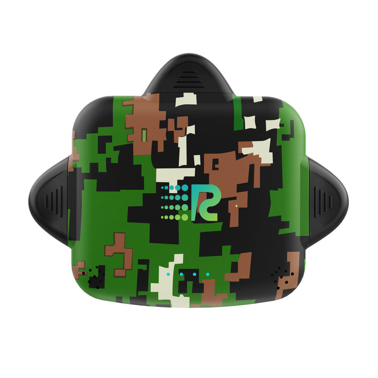 Pixelated camouflage-patterned device with a logo on a white background