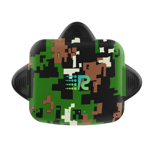 Pixelated camouflage-patterned device with a logo on a white background