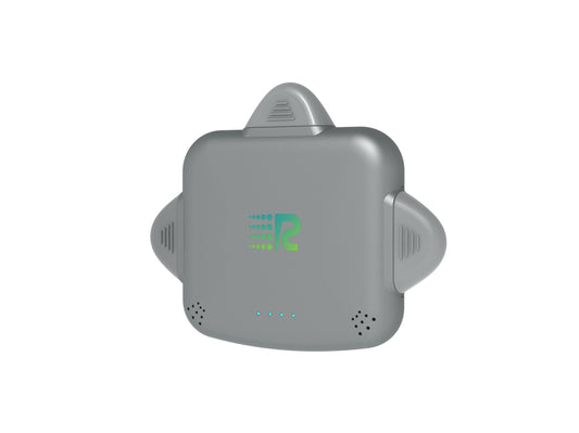 Four small electronic trackers in different colors (gray, mint green, pink, and white) lined up in a row against a plain white background.