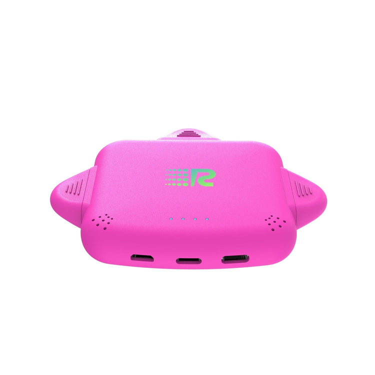 Pink electronic device with a logo on a white background