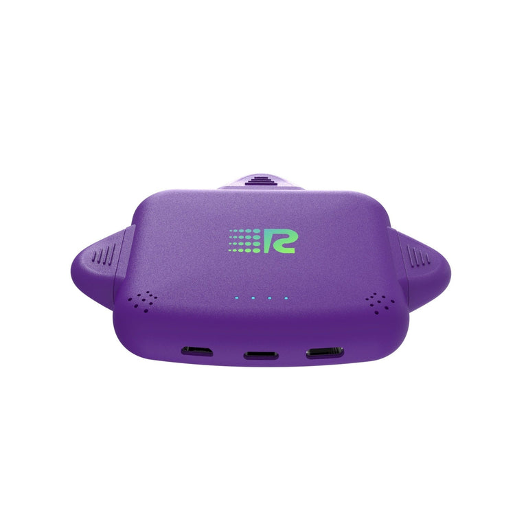 Purple electronic device with a logo on a white background