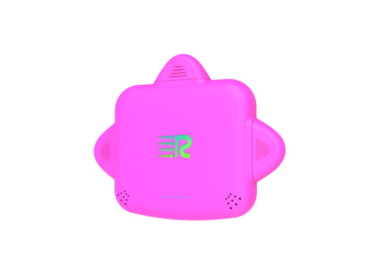Four small electronic trackers in different colors (gray, mint green, pink, and white) lined up in a row against a plain white background.
