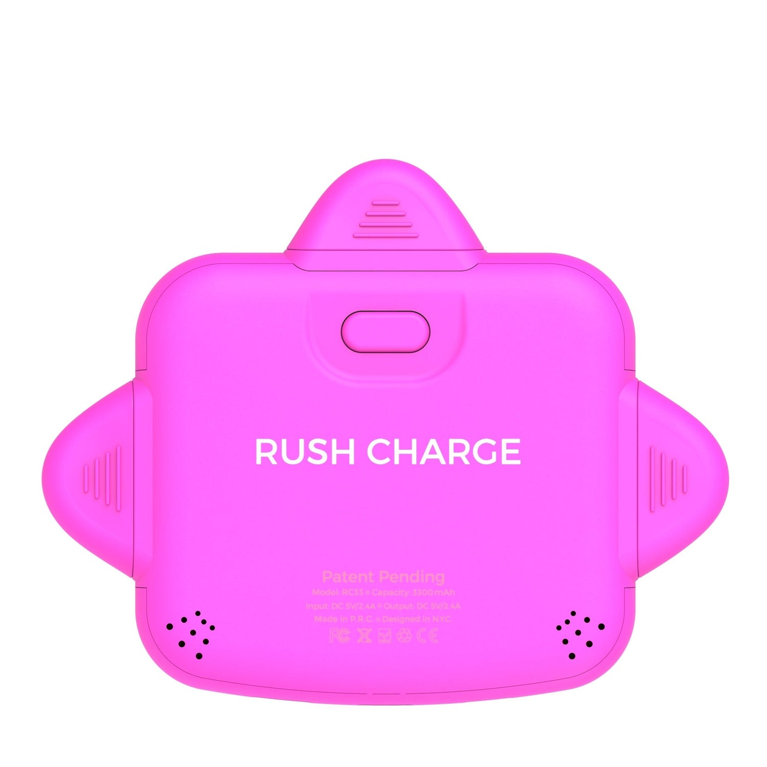 Pink electronic device with 'RUSH CHARGE' text on a white background