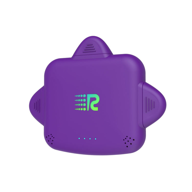 Purple electronic device with a green logo on a white background