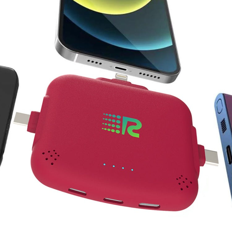 Red portable device with a logo, surrounded by smartphone images on a white background