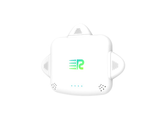 Four small electronic trackers in different colors (gray, mint green, pink, and white) lined up in a row against a plain white background.