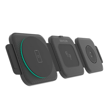 A black wireless charging pad with a built-in magnetic phone stand and nightlight feature.