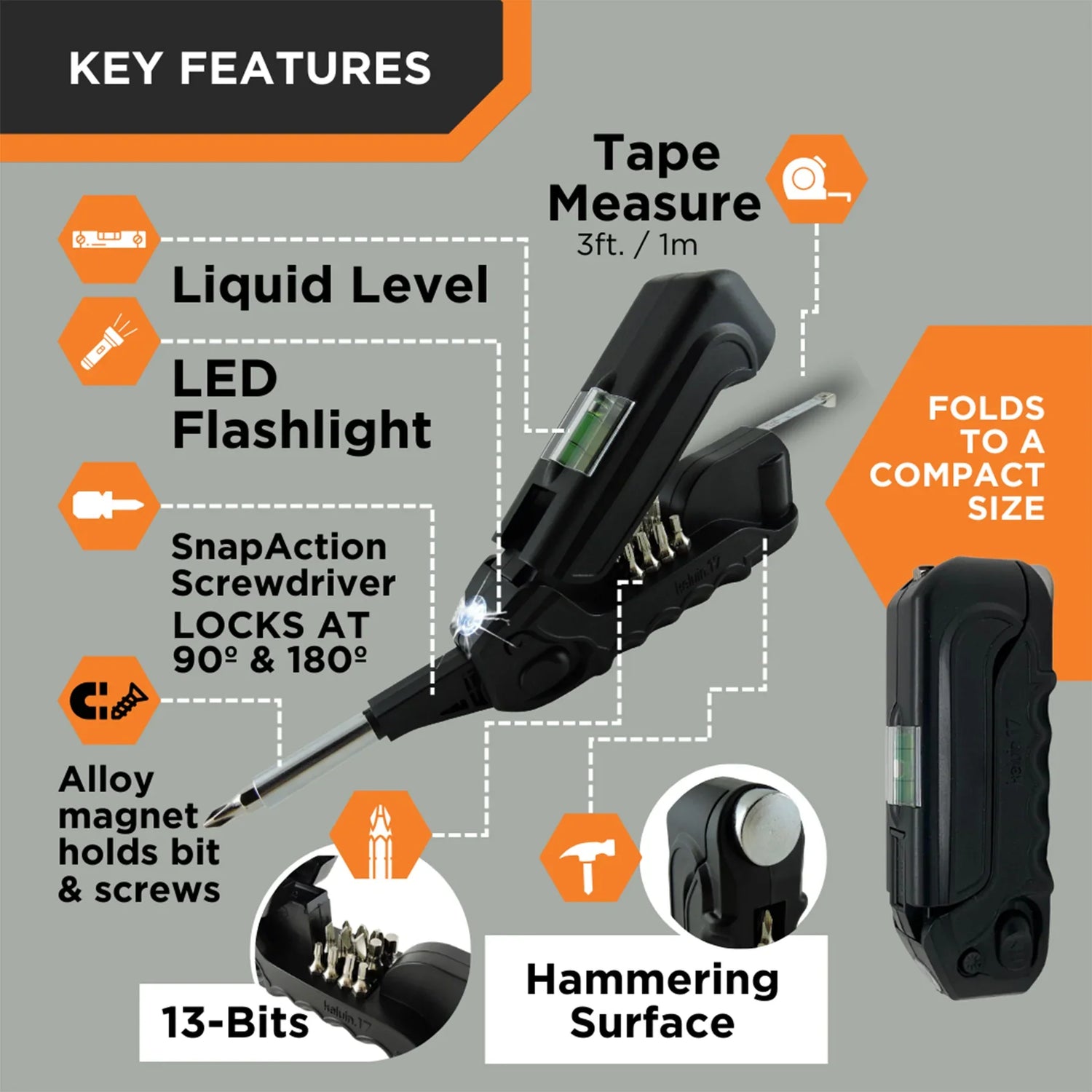Multitool with key features highlighted on a gray background