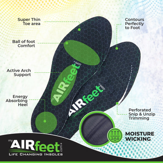 Pair of black shoe insoles with 'AIRfeet Rocket O2' branding on a white background