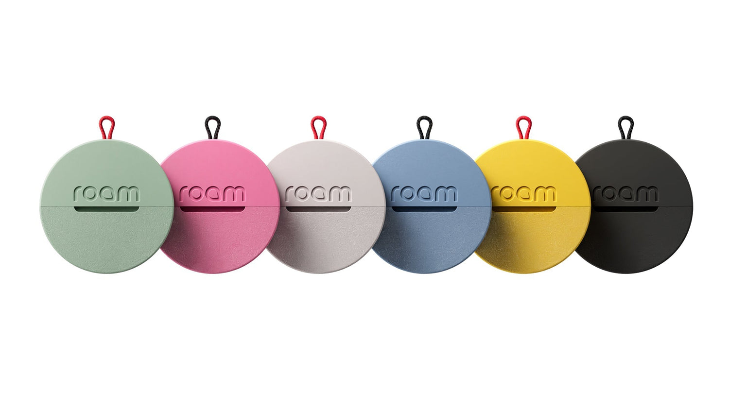 Set of six colorful 'roam' keychains on a white background