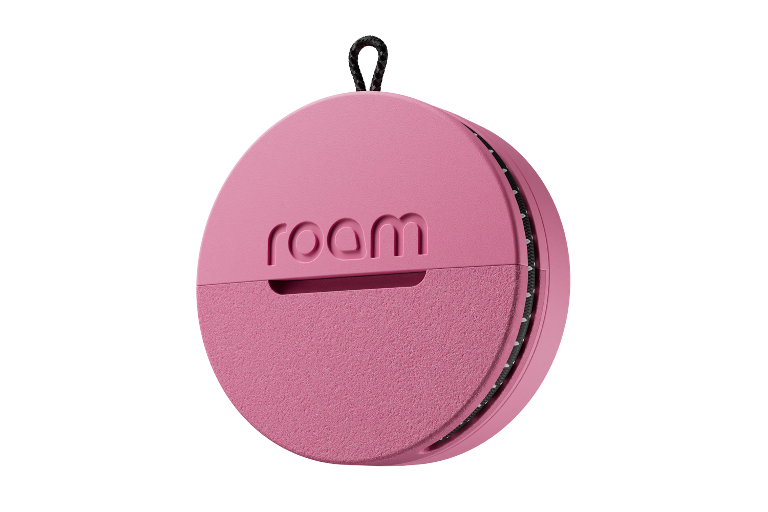 Roam smart tracker single unit in pink color with 'roam' branding on transparent background, compact circular GPS tracker with loop attachment