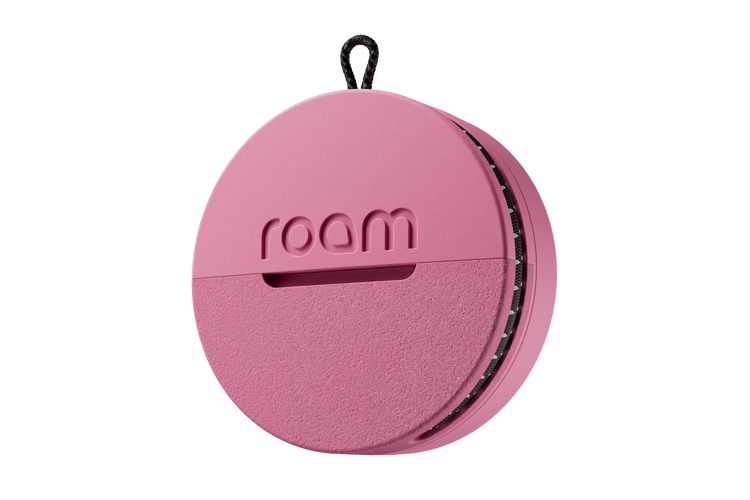 Roam smart tracker single unit in pink color with 'roam' branding on transparent background, compact circular GPS tracker with loop attachment
