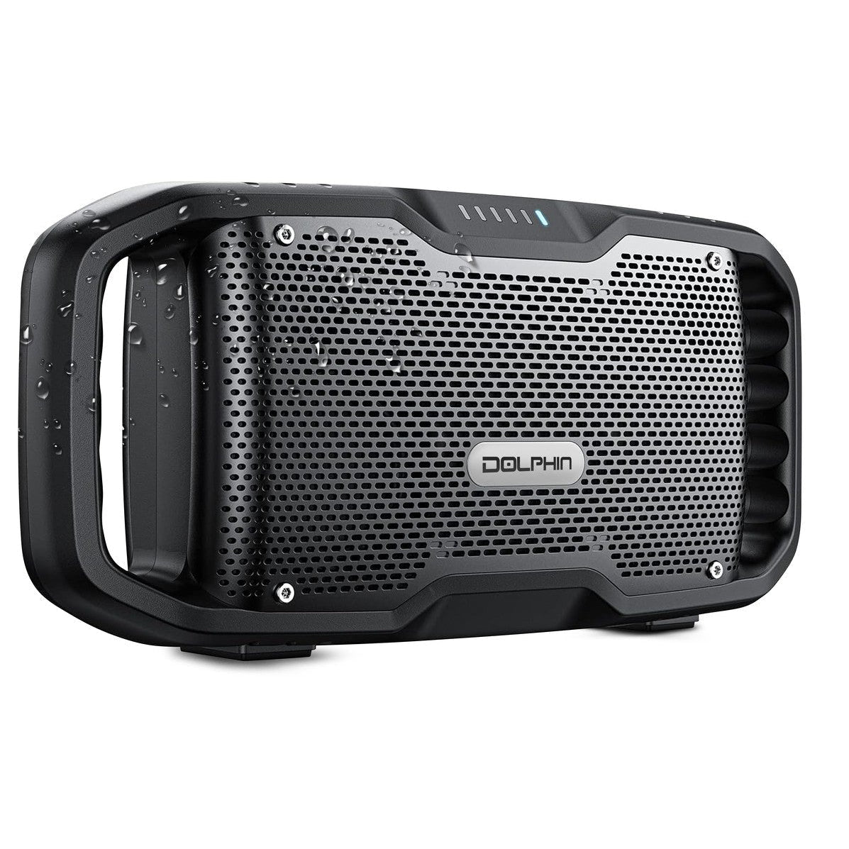 Black portable speaker with 'Dolphin' branding on a white background