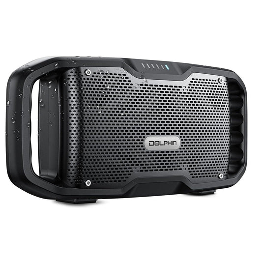 Black portable speaker with 'Dolphin' branding on a white background
