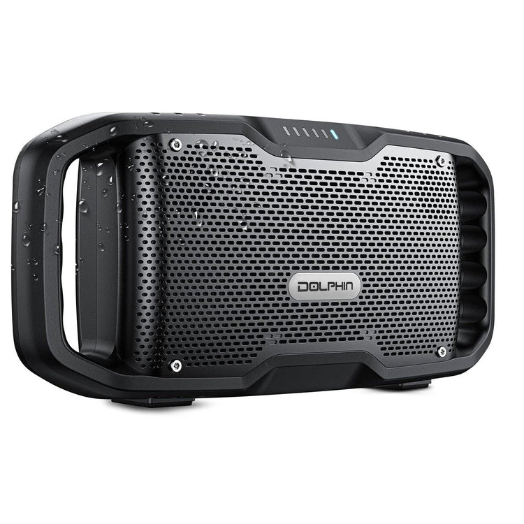 Black portable speaker with 'Dolphin' branding on a white background