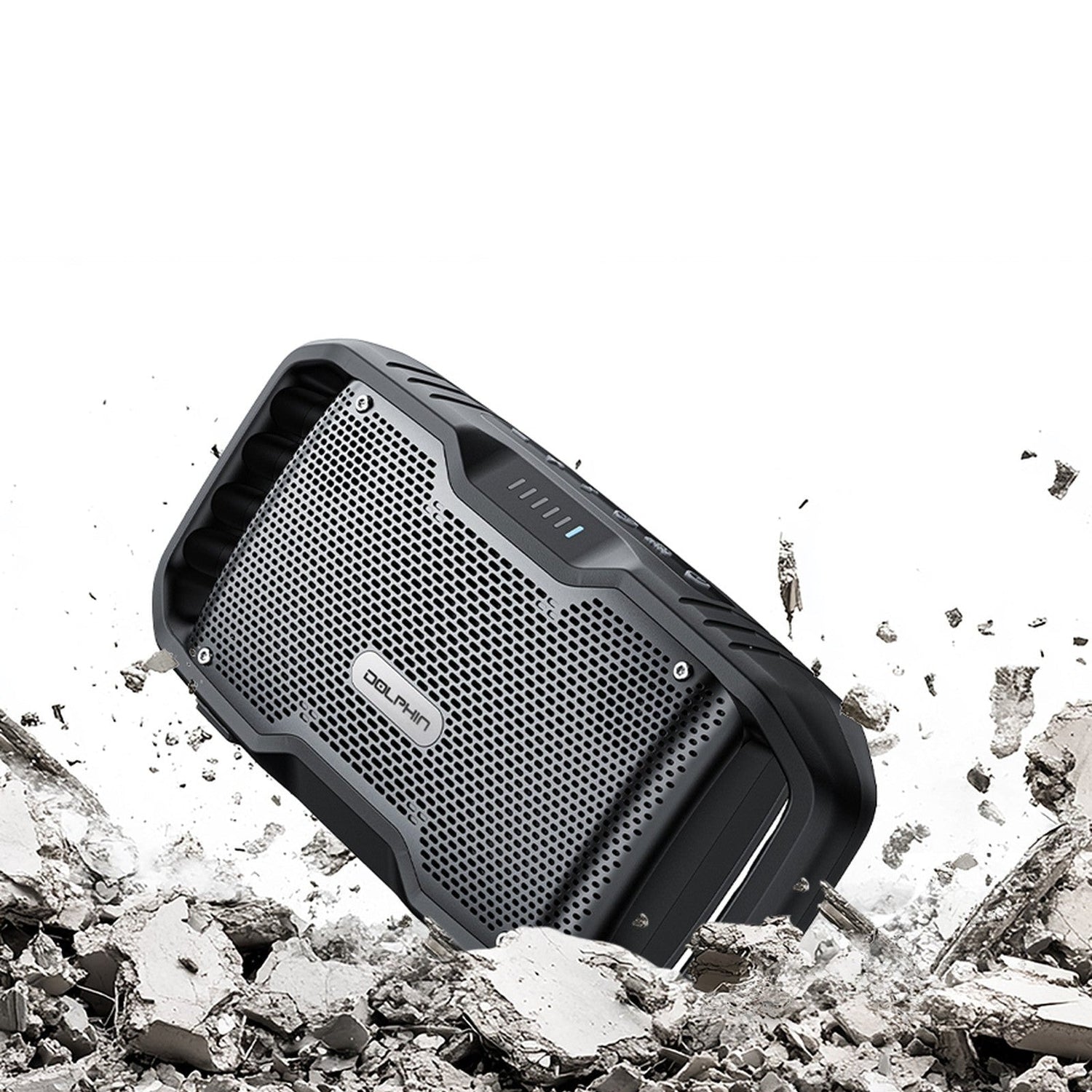 Rugged black speaker with a brand logo on a white background