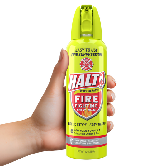 Hand holding a yellow Halt fire fighting spray can on a white background