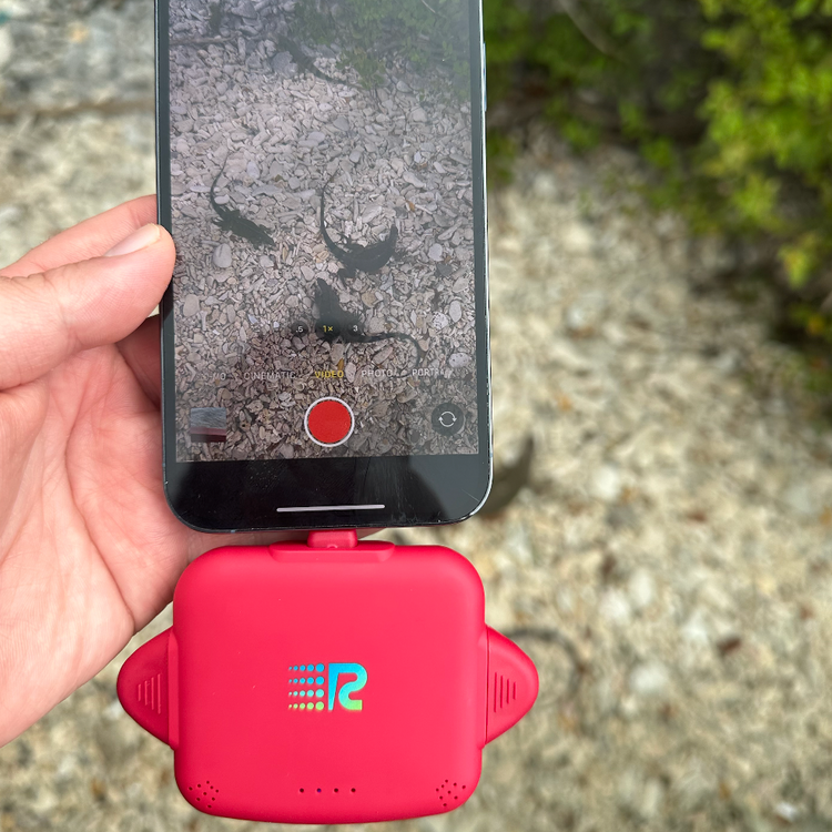 Hand holding a smartphone with a red device attached, displaying a deer in the background.