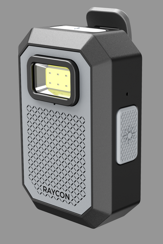 Portable flashlight with textured surface and visible brand name on a gray background