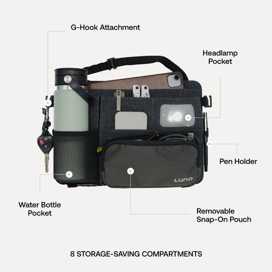 The Luno® Seatback Organizer, a vehicle essential in gray fabric, easily attaches to the back of a beige car seat and features multiple pockets, including mesh and zippered compartments—ideal for car camping adventures.