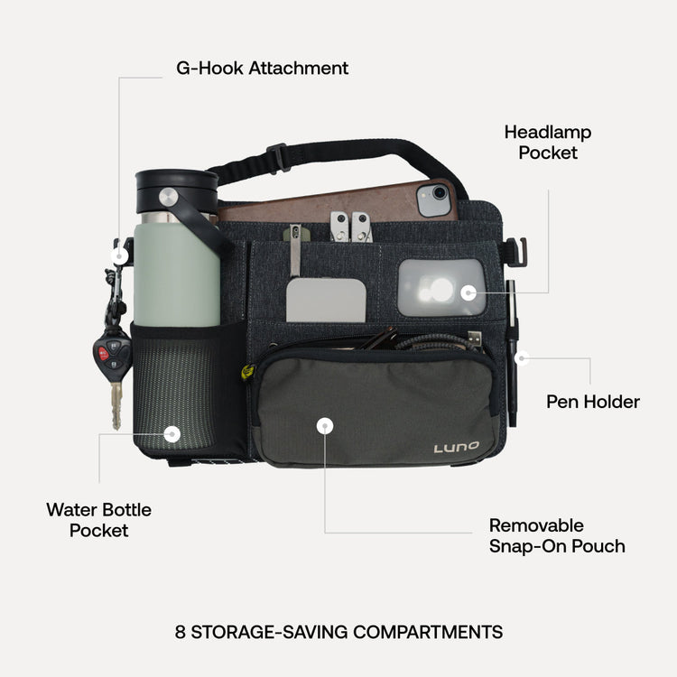 The Luno® Seatback Organizer includes 8 storage-saving compartments: G-Hook Attachment, Headlamp Pocket, Pen Holder, Removable Snap-On Pouch, Water Bottle Pocket. Perfect for car camping with essentials like a water bottle, phone, and keys.
