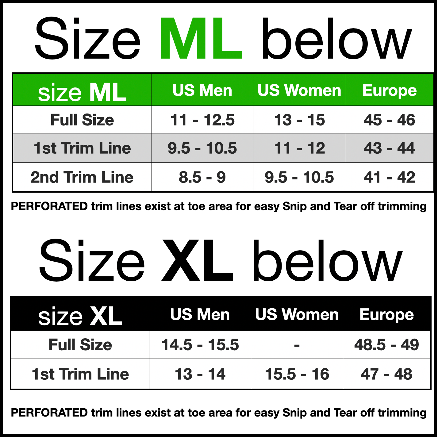 Size chart for shoes comparing US Men, US Women, and Europe sizes with perforated trim lines.