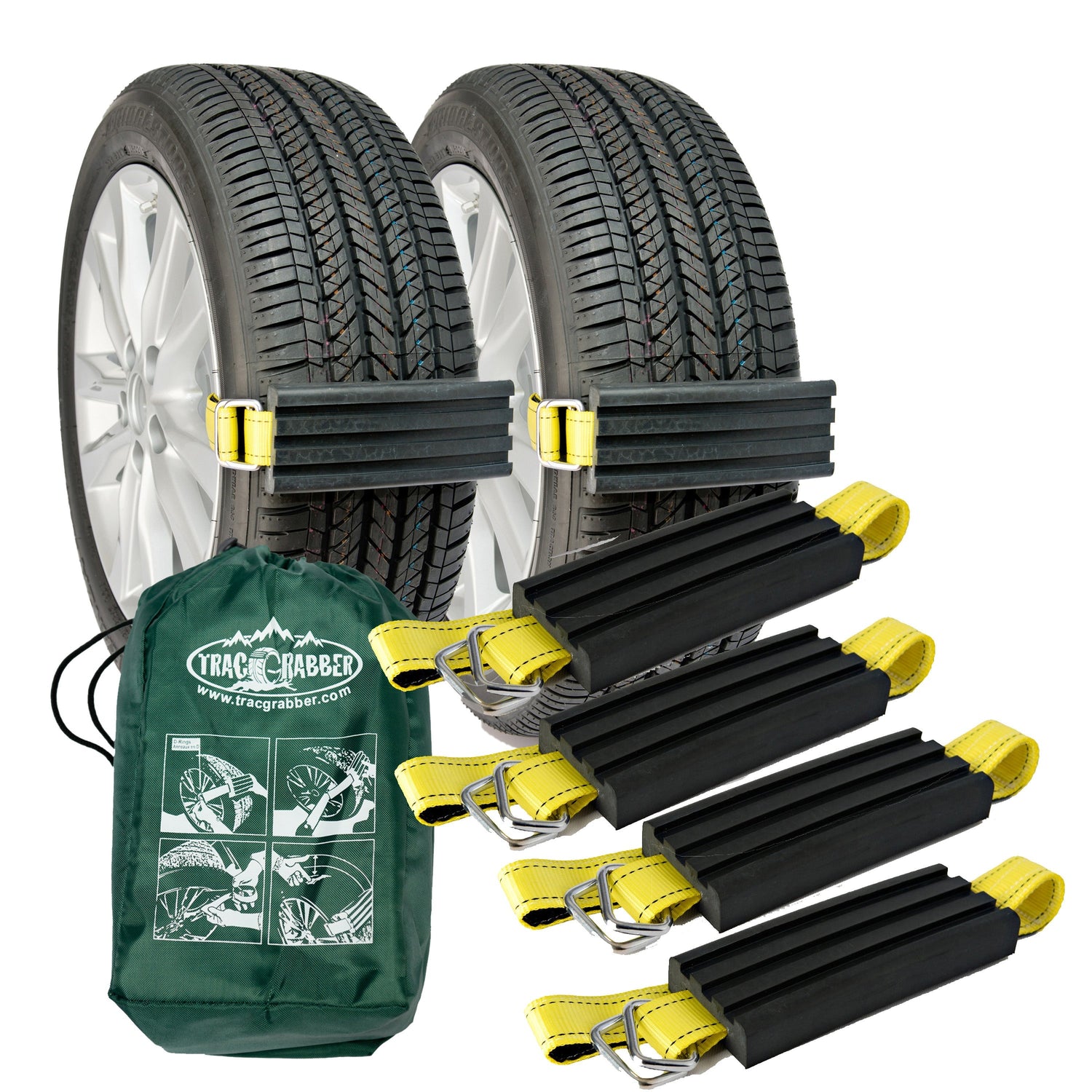 Tire carrier system with tires, straps, and a green bag on a white background