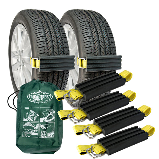 Tire carrier system with tires, straps, and a green bag on a white background