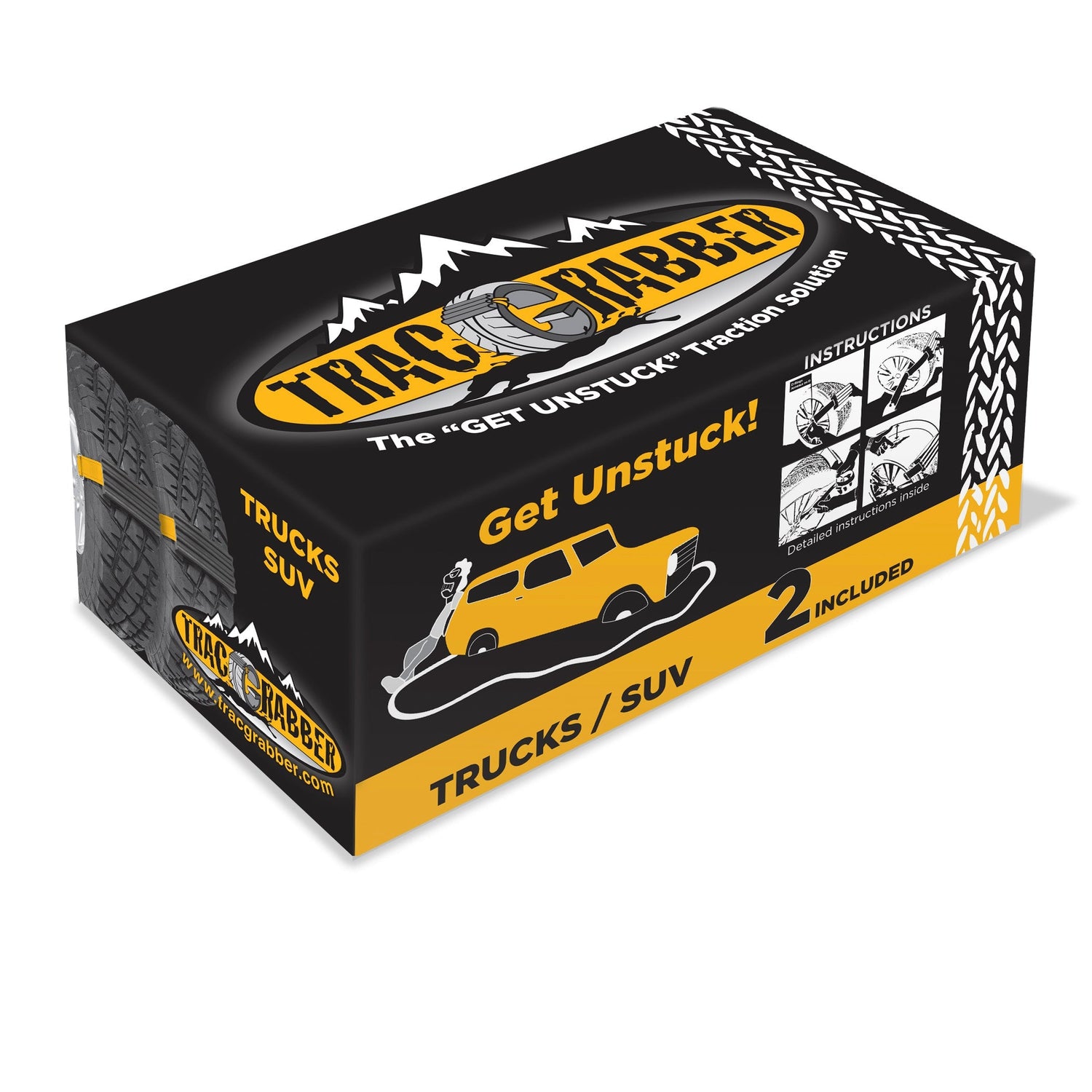 Box of Trac-Rabber traction solution for trucks and SUVs on a white background