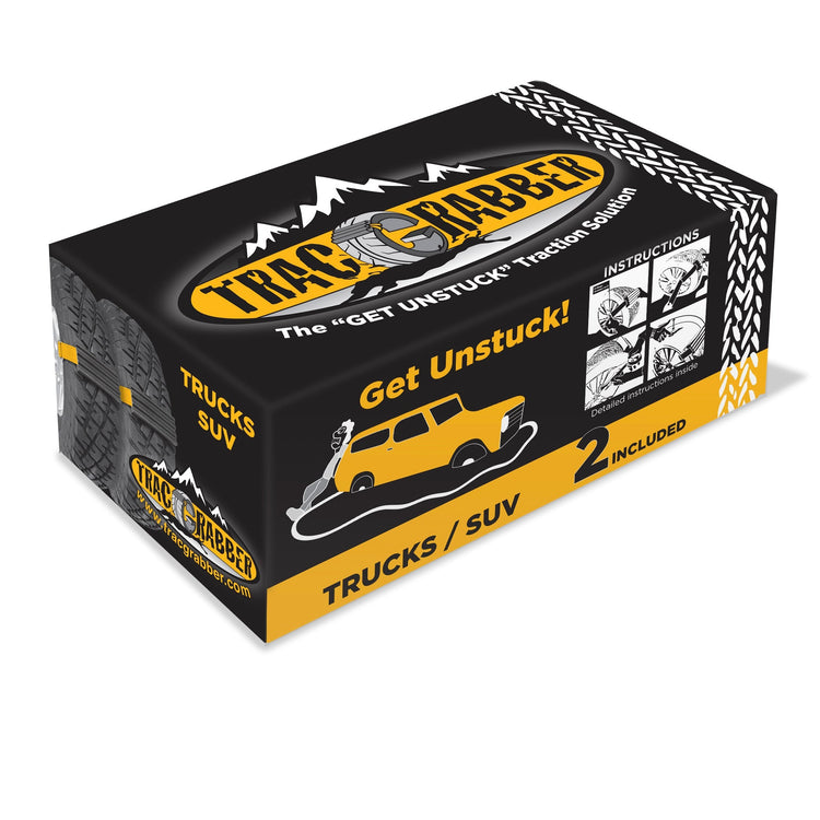 Box of Trac-Rabber traction solution for trucks and SUVs on a white background