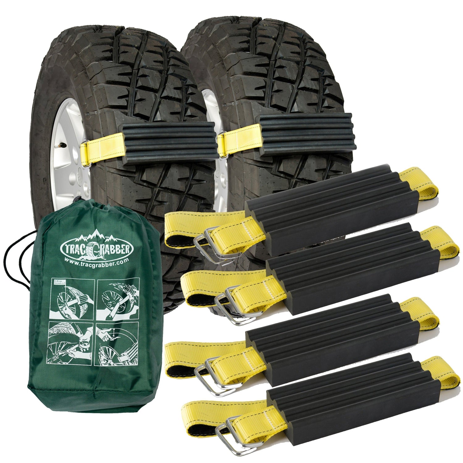 Trac-Haber tire traction straps with green bag on a white background