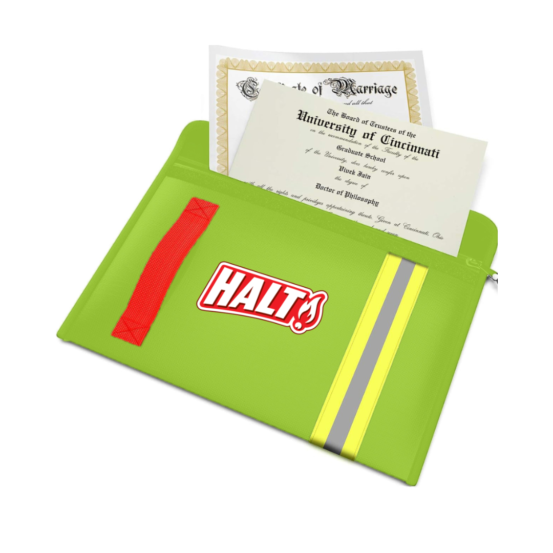 Green envelope with red and yellow accents containing a diploma and marriage certificate on a white background