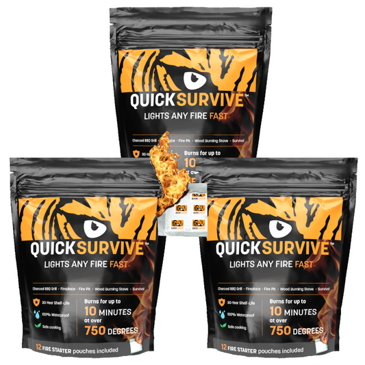 Three packages of Quick Survive fire starter with tiger eye design on a white background
