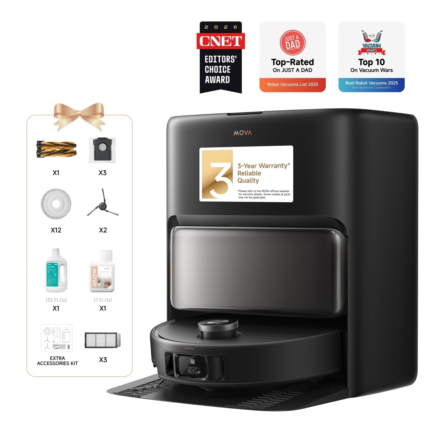 Robotic vacuum cleaner with accessories and awards on a white background