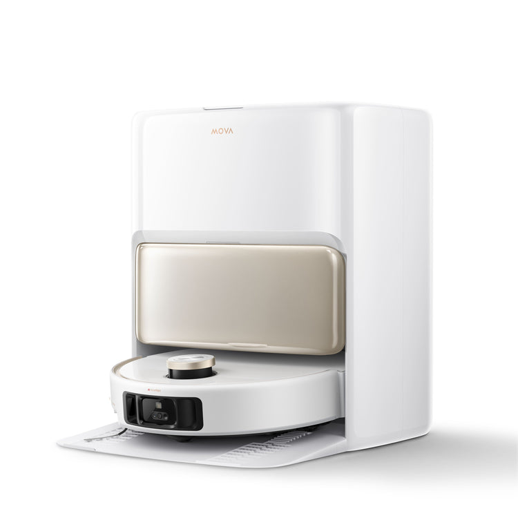 White and gold robot vacuum cleaner on a white background