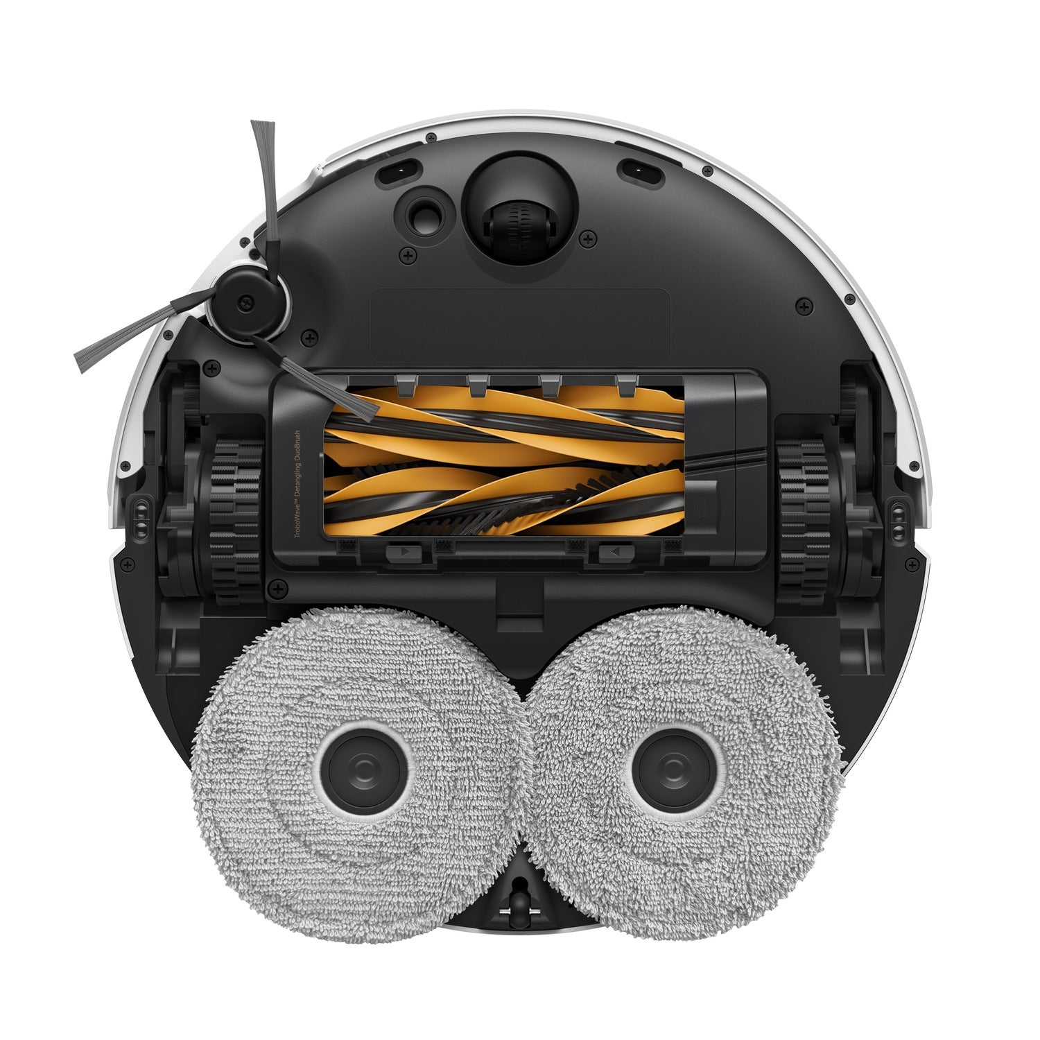 Close-up of a robot vacuum cleaner's cleaning mechanism on a white background