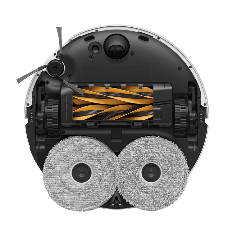 Close-up of a robot vacuum cleaner's cleaning mechanism on a white background