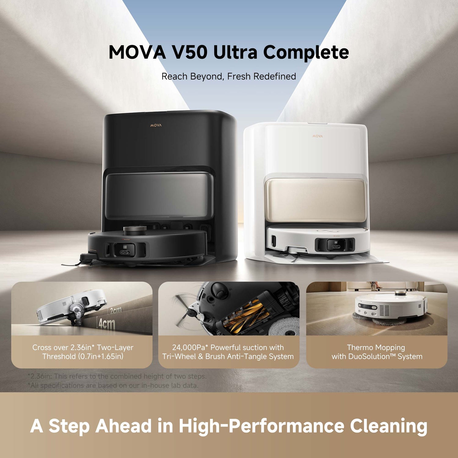 MOVA V50 Ultra Complete cleaning device with features highlighted on a neutral background