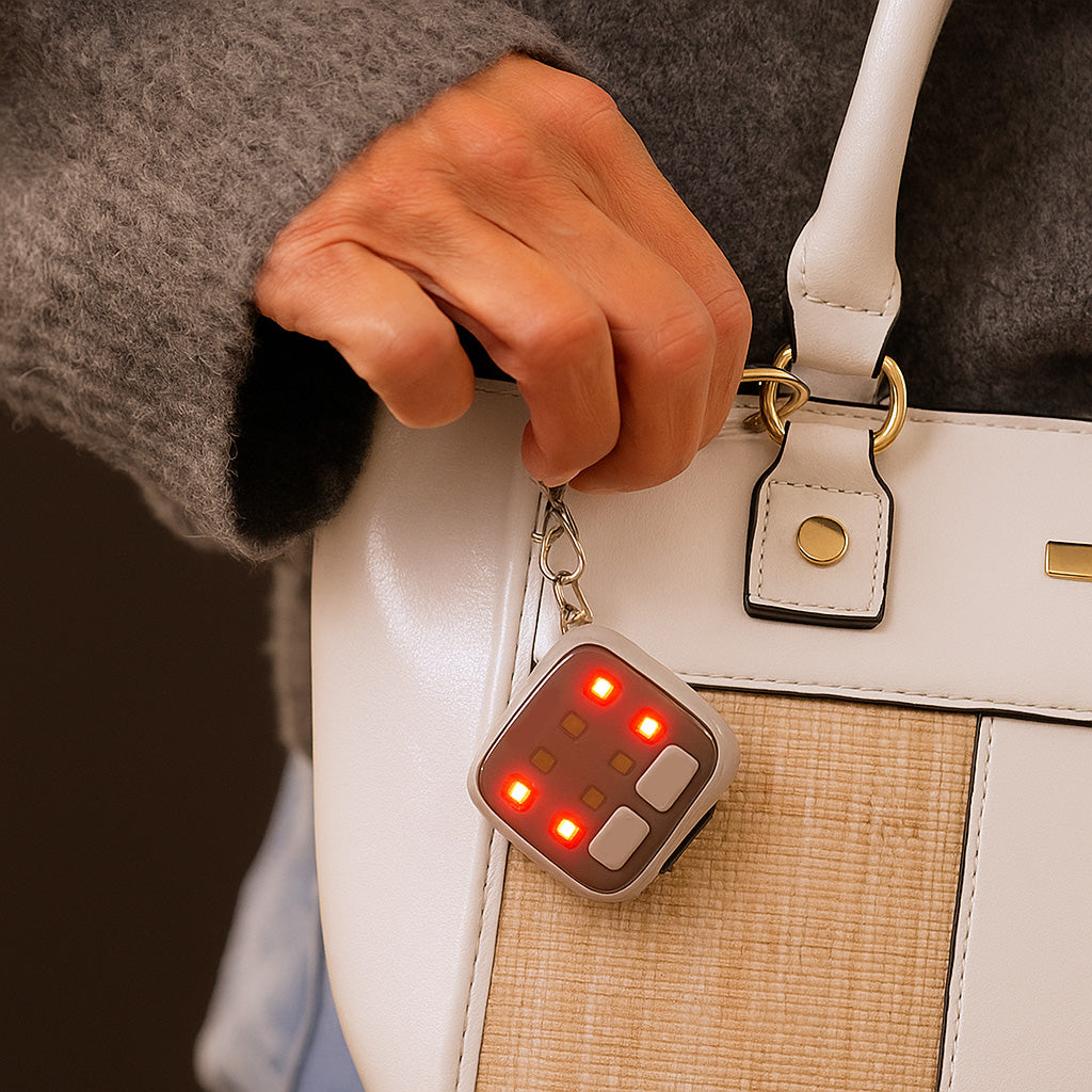 Person holding a white handbag with a device featuring red lights attached to it.