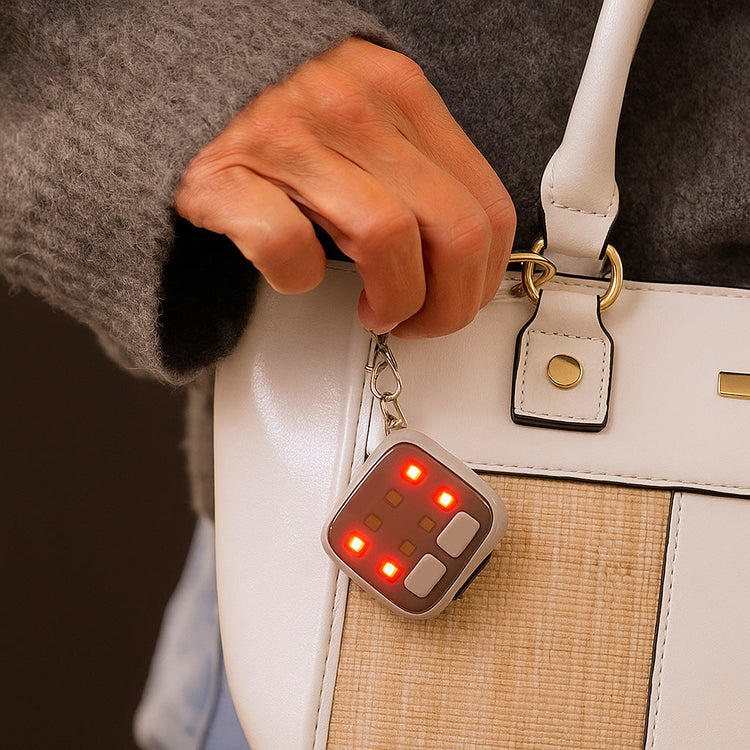 Person holding a white handbag with a device featuring red lights attached to it.