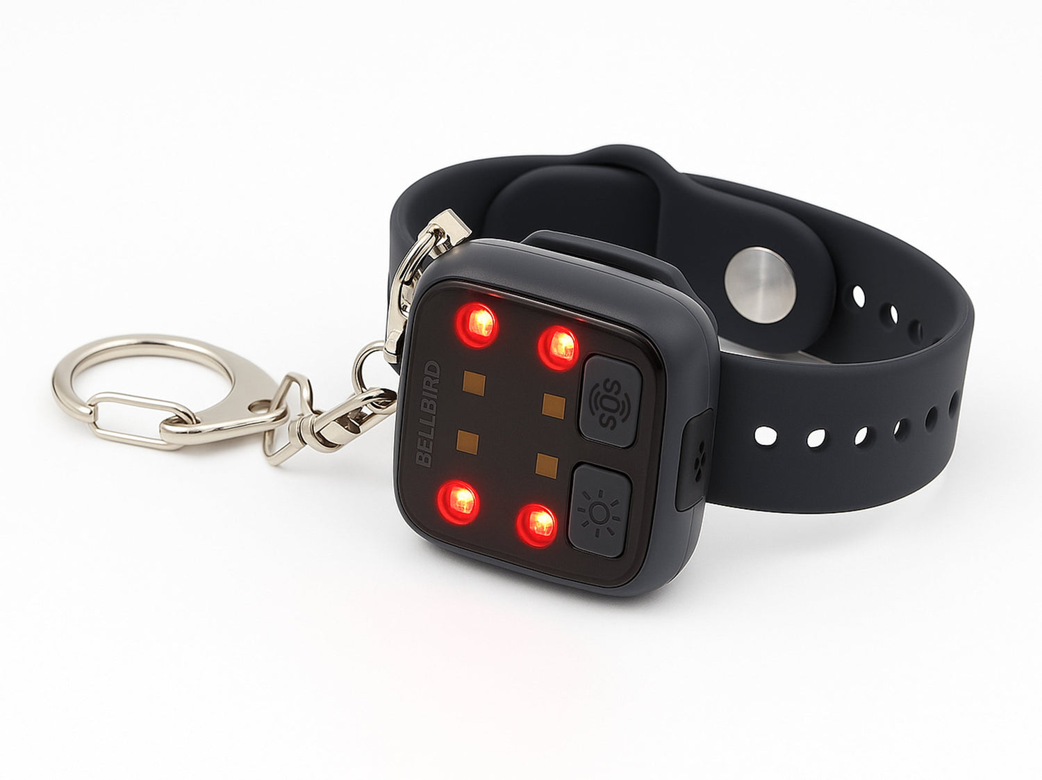 Black dog collar with electronic device and keychain on a white background