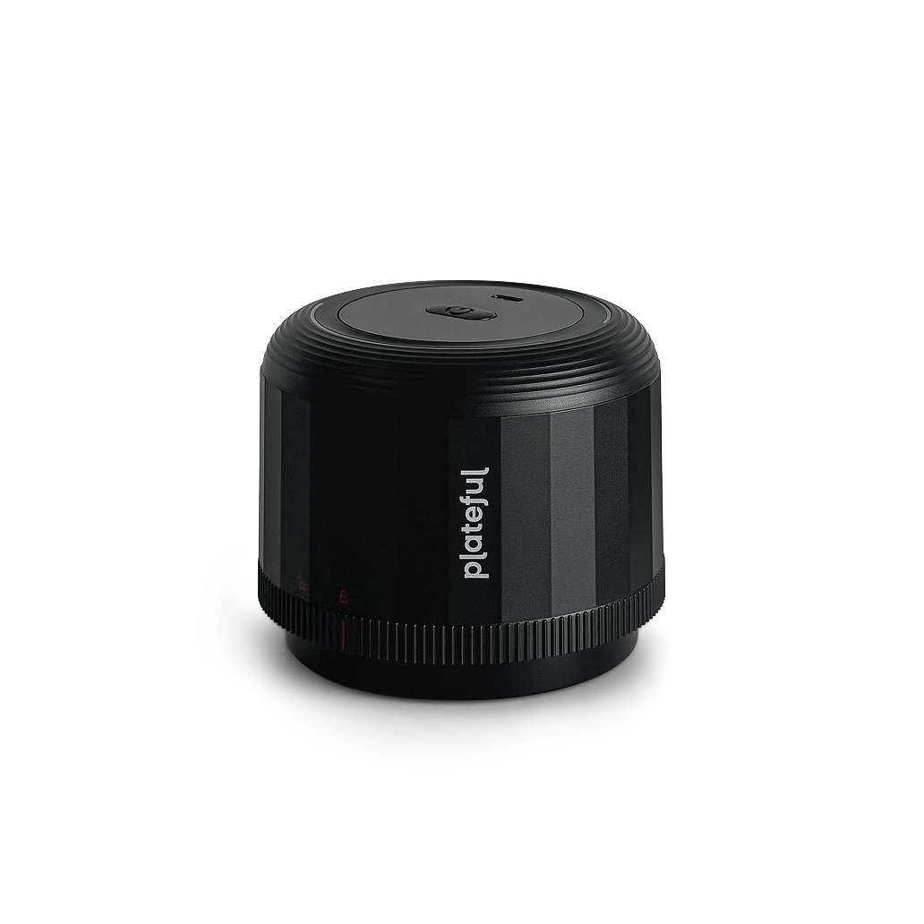 Black cylindrical device with 'Plateful' branding on a white background