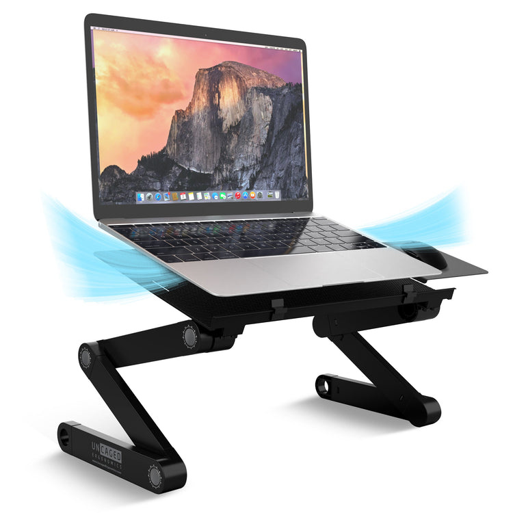 Laptop on a black adjustable stand with a scenic display on the screen.
