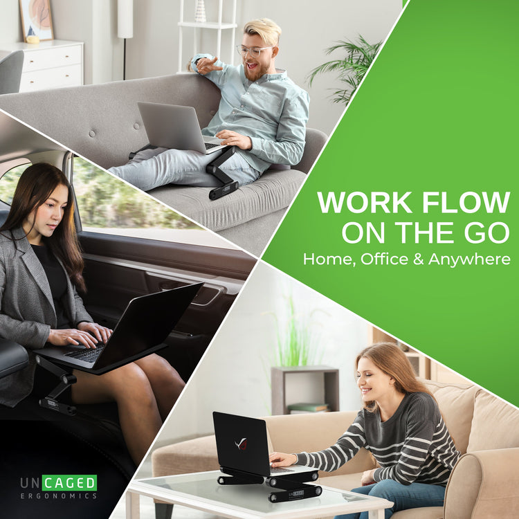 Collage of people using laptop stands in various settings with promotional text 'Work Flow on the Go'.