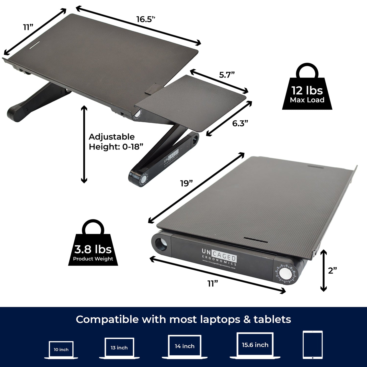 Laptop stand with dimensions and weight capacity on a white background
