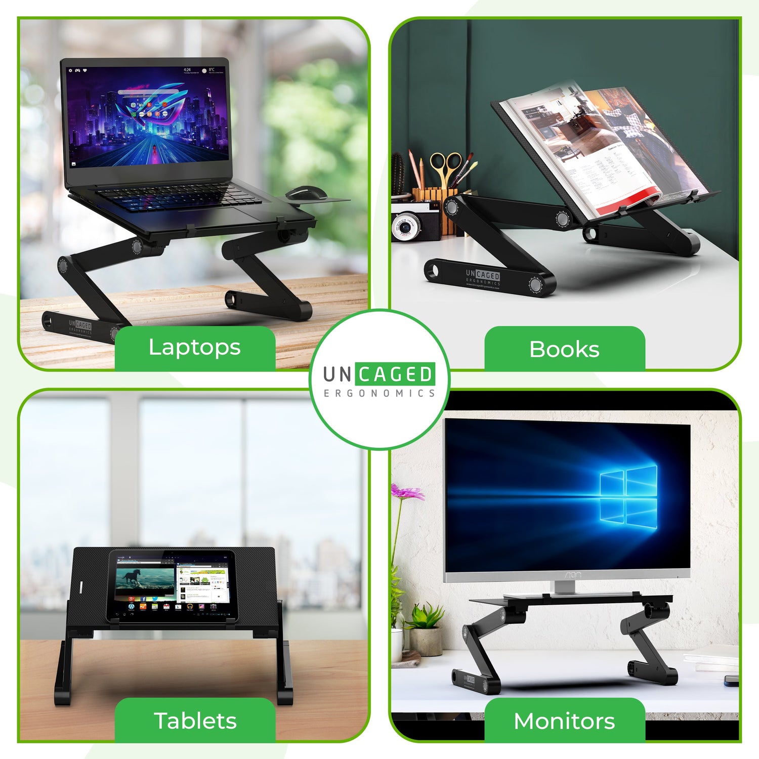 Collage of a adjustable stand for laptops, books, tablets, and monitors with 'UNCAGED ECONOMICS' branding.