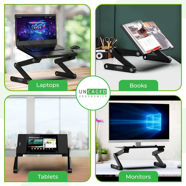 Collage of a adjustable stand for laptops, books, tablets, and monitors with 'UNCAGED ECONOMICS' branding.
