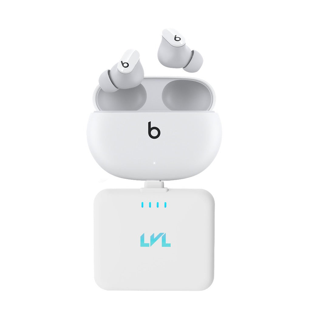 White wireless earbuds with charging case on a white background