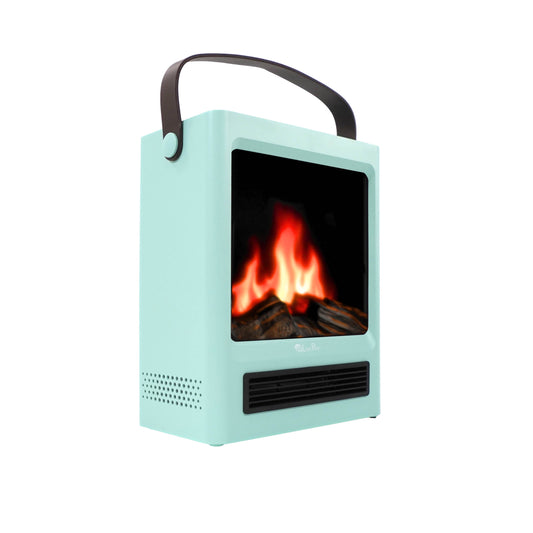 Portable electric fireplace with teal casing and black handle on a white background